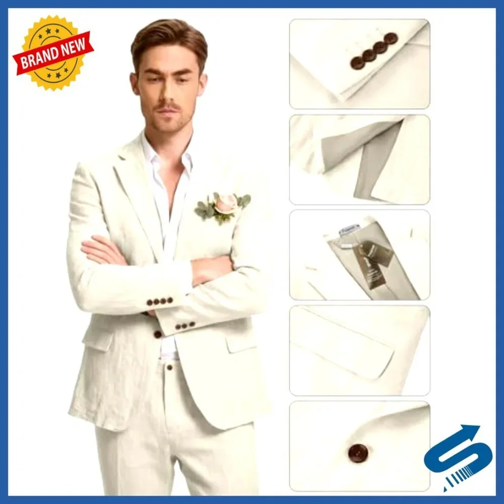 Men's Slim Fit Linen Blend Suit 2-Piece Set Formal Casual Wedding